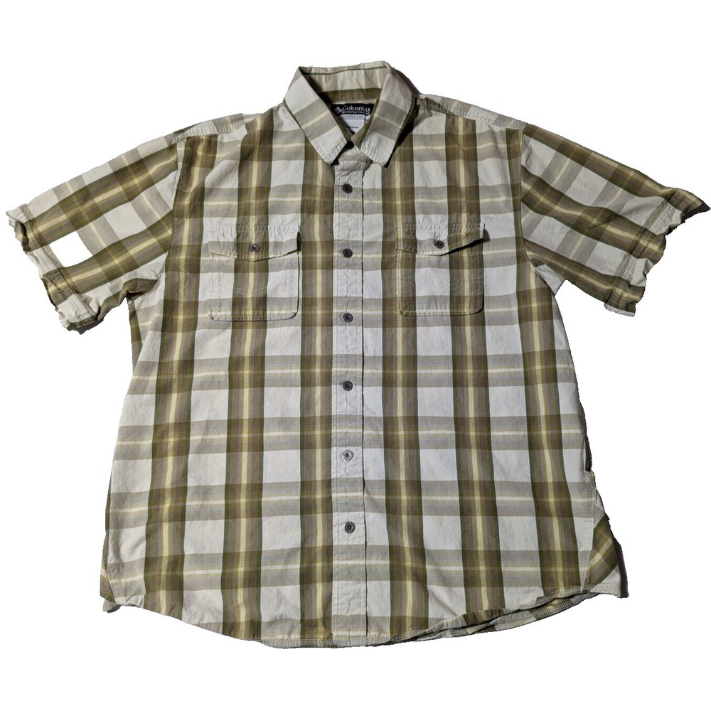 COLUMBIA Men Medium Green Plaid Cotton‎ Metal Button Hiking Shirt